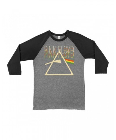 $10.78 Pink Floyd 3/4 Sleeve Baseball Tee | Retro Multi-Color Dark Side Of The Moon Prism Distressed Shirt Shirts